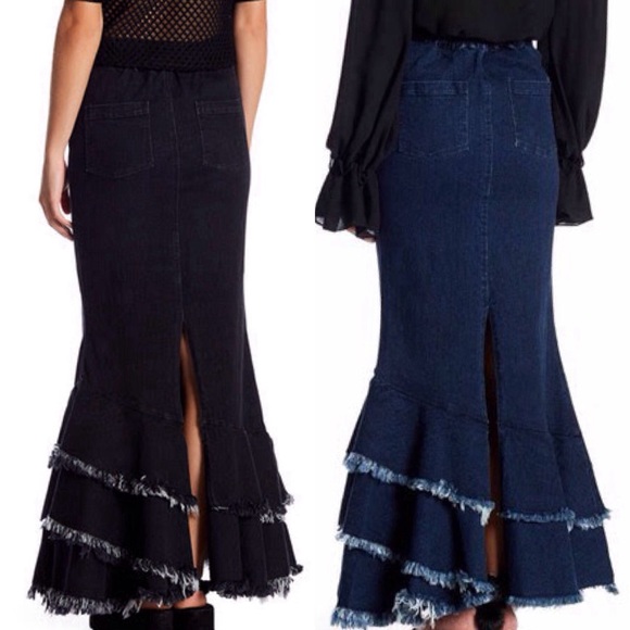 SOLD Distressed Denim Maxi Skirt - Picture 4 of 6